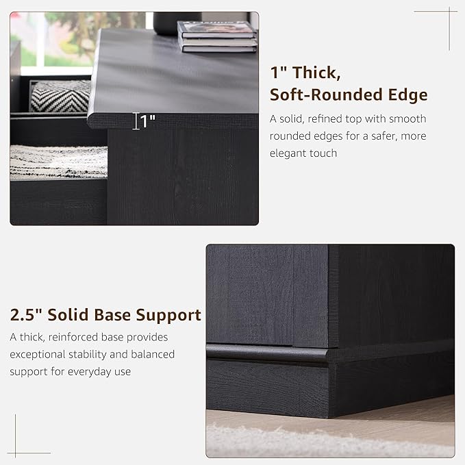 ACCOHOHO Modern Night Stand Set 2 with Arched Panel, 18" Nightstand with Charging Station, Side Table with 3 Storage Drawers, Wood Square Bedside End Table for Bedroom Living Room, Black