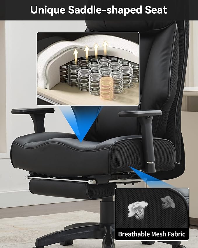 DJ·Wang Big and Tall Office Chair 400lbs with Foot Rest, High Back Executive Office Chair with Extra-Thick Spring Cushion, Ergonomic Leather Chairs Black