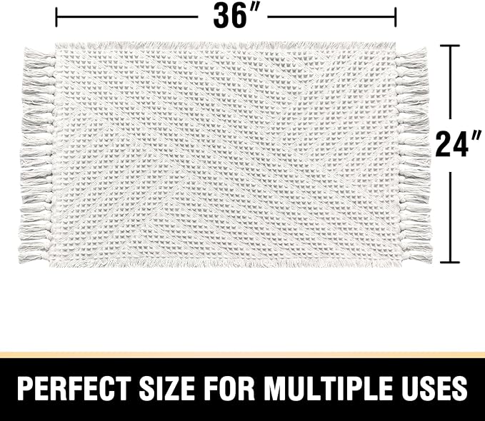 H.VERSAILTEX Waffle Bath Mat Super Absorbent Boho Bath Mat Non Slip Bath Rugs for Bathroom Floor Machine Washable Dry Fast Bathroom Rugs with Tassels, 24" x 36", Ivory White