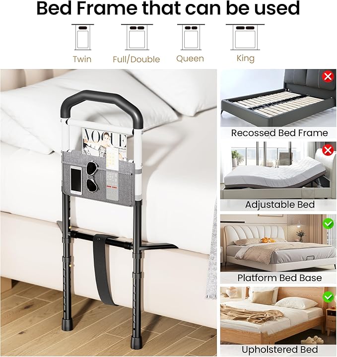 Bed Rails for Elderly Adults Safety, Adjustable Bed Assist Rail for Seniors with Storage Pouch, Widened Support Surface and Secure Legs, Holds 350 Lbs - Fits Twin, Full, Queen, King Bedsds, Black