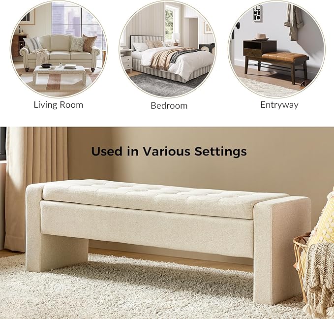 55" Modern Upholstered Storage Bench with Tufted Seat, Fabric Ottoman Bench for Bedroom, Entryway, or Living Room, Soft Close Hinge,Linen
