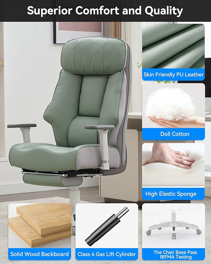 DJ·Wang Big and Tall Office Chair 400lbs with Foot Rest, High Back Executive Office Chair with Extra-Thick Spring Cushion, Ergonomic Leather Chairs Green