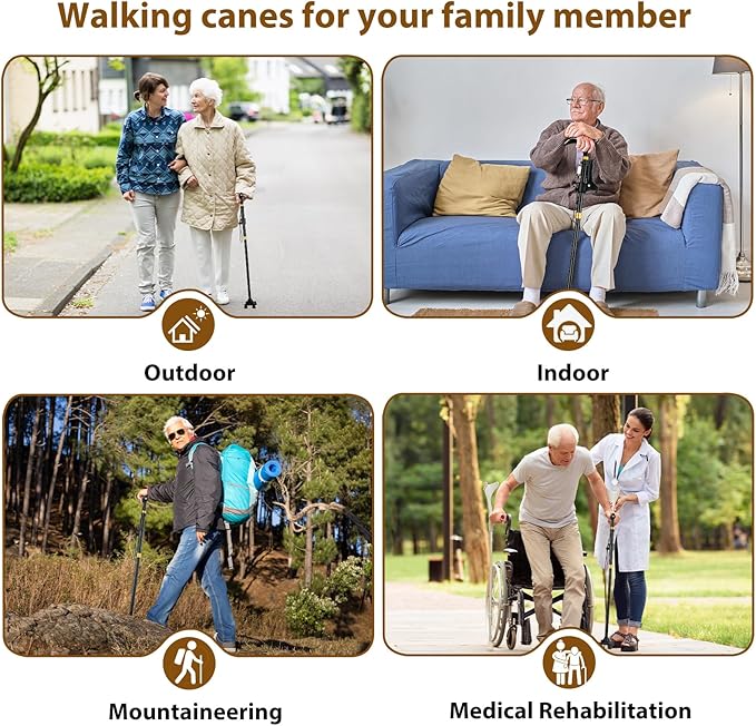Walking Cane Folding Collapsible Adjustable Stability Balance Aluminum with Light Alarm for Seniors Women Men Black