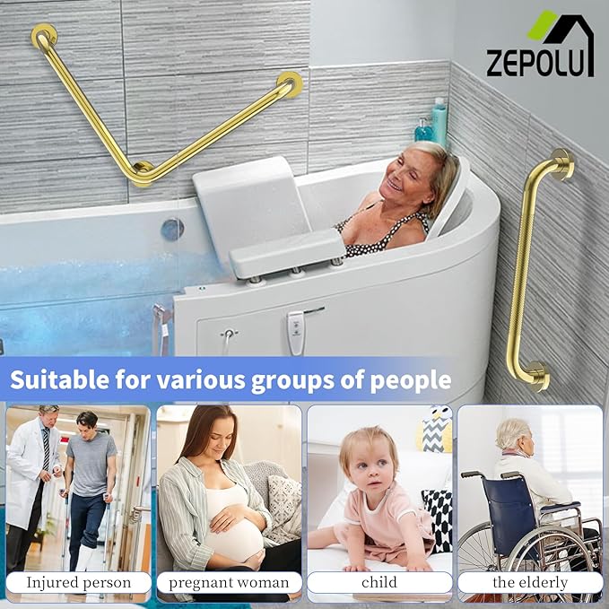 Polished Gold L-Shaped Grab Bar 16x16 Inch + Knurled Shower Grab Rail 20 Inch, Zepolu Stainless Steel Angled Toilet Safety Bar, Bathroom Mobility Aid Handrail, Balance Support Assist Bar for Senior