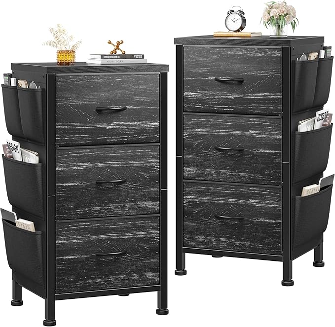Night Stand Set 2, Night Stand with Drawers for Bedroom, Bedside Table with Wooden Top, Sturdy Steel Frame End Table, Dorm Nightstand for Bedroom, Entryway, Hallway, Closet, Cloth Bags, Hooks, Black