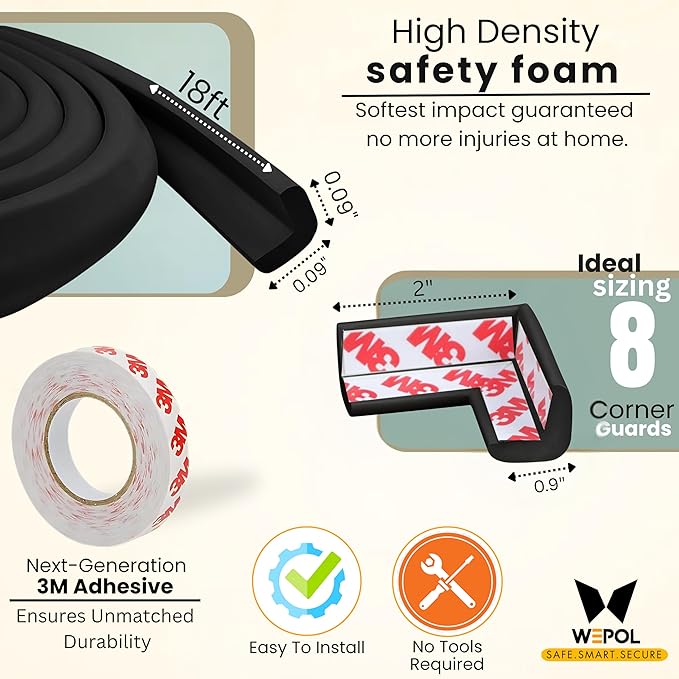 Table Edge Protector for Baby Proofing (18ft Edge+8 Corners) Baby Proof Corners and Edges Guard, Soft NBR Rubber Foam 3M Adhesive, Furniture Corner & Edge Safety Bumpers for Table & Fireplace-Black