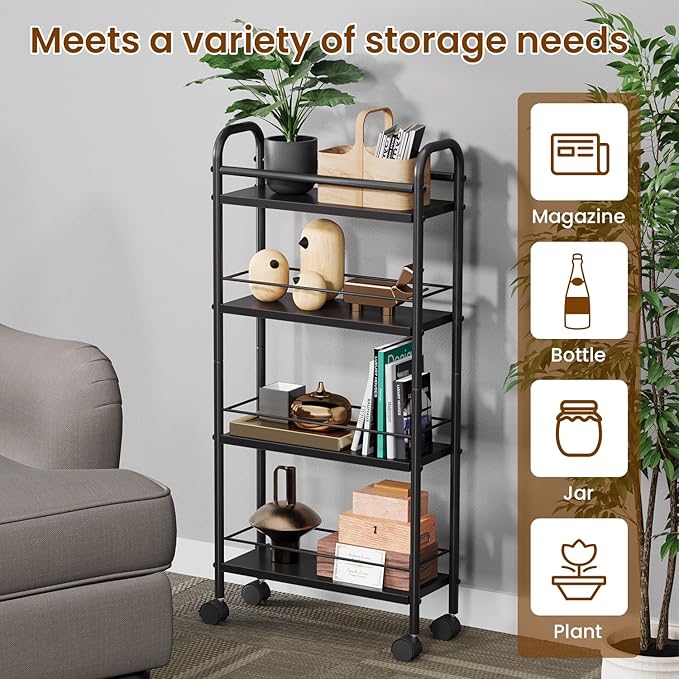 Slim Storage Cart, 4-Tier Narrow Rolling Cart with Handle, 5.9 Inches Deep, Slim Bathroom Shelf for Small Spaces, Kitchen, Dining Room, Living Room, Bathroom, Laundry Room, Black