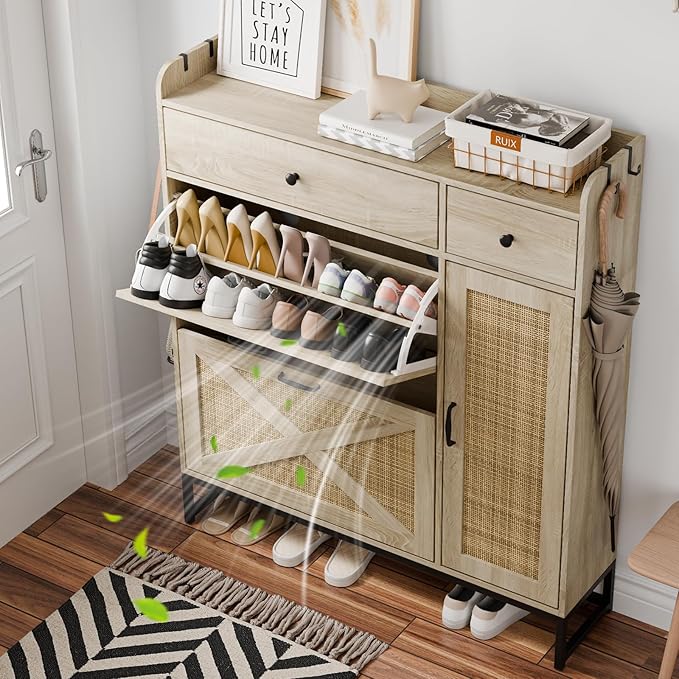 Shoe Cabinet with 2 Flip Cabinets & Side Cabinet, Shoes Cabinet with Adjustable Shelves, Shoe Storage Organizer for Entryway, Hallway Living Room, Space-Saving, Rustic Oak