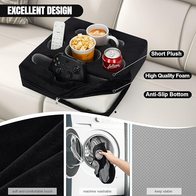 STBoo Couch Cup Holder Pillow Tray - Sofa Drink Cup Holder Cozy Buddy | Bed Caddy Organizer for Remote, Snacks Beverage, Phones, Tablet | Use it on Car, Pack, Beach, RV, Boat, Bedroom (Black)