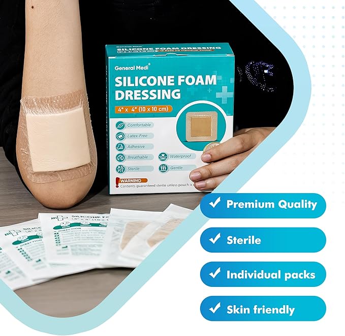 General Medi Waterproof Silicone Foam Island Dressing (10 Packs) – 4" x 4" Sterile Wound Care Pad with Adhesive Border - Sterile, Soft & Highly Absorbent Medical Grade Dressing Pad