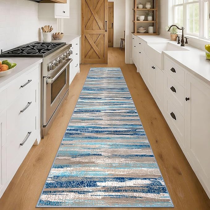 Modern Abstract Runner Rug 3x14, Blue Washable Long Kitchen Runner Non-Slip Soft Hallway Rug Runner Ultra Thin Print Faux Wool Carpet for Entryway Bedroom Laundry Room Indoor Home Decor
