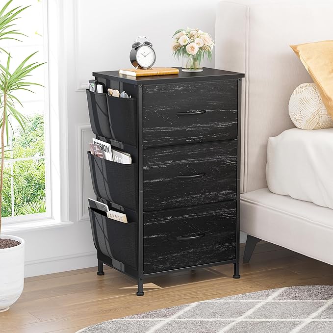 EnHomee Tall Nightstand, Night Stand with Drawers for Bedroom, Bedside Table with Wooden Top, Sturdy Steel Frame End Table, Dorm Nightstand for Bedroom, Entryway, Hallway, Closet, Cloth Bags,Black