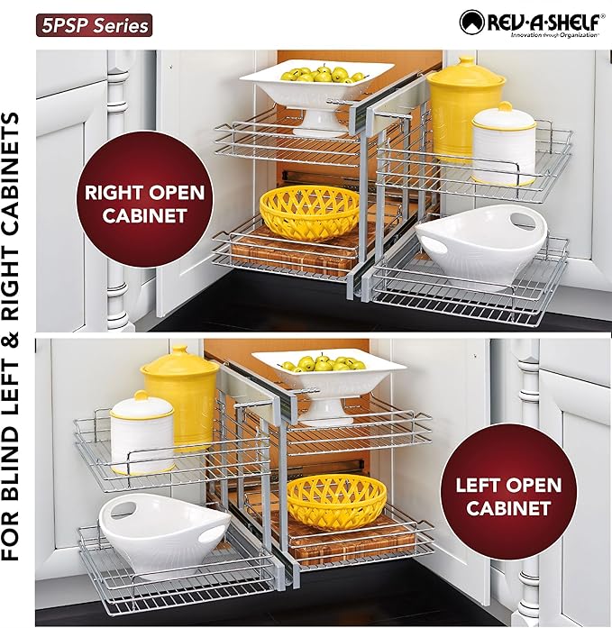 Rev-A-Shelf Dual Tier Pullout Shelf Storage Organizer for Blind Corner Kitchen or Bathroom Cabinets,15", 4 Shelves, Silver, 5PSP-15-CR