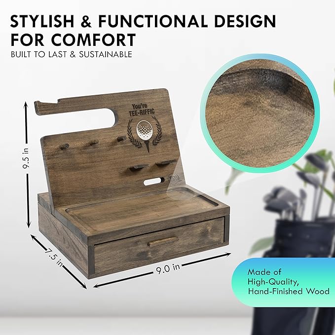 Nightstand Organizer for Men- Bedside Table Organizer with Drawer for Cellphone, Watches, Sunglasses & Accessories- Makes an Ideal Gift for Dad, Grandpa or Golfer