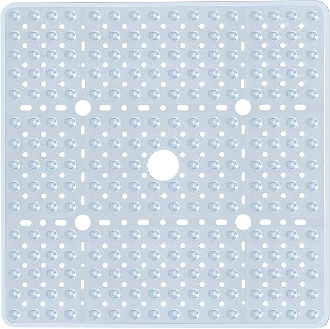 Large Square Shower Mat 27 x 27 Inch Clear, Non Slip Shower Bathtub Mats for Inside Shower With Big Suction Cups Drain Holes, Anti Slip Bathroom Floor Shower Stall Mats, Easy Clean, BPA-Free