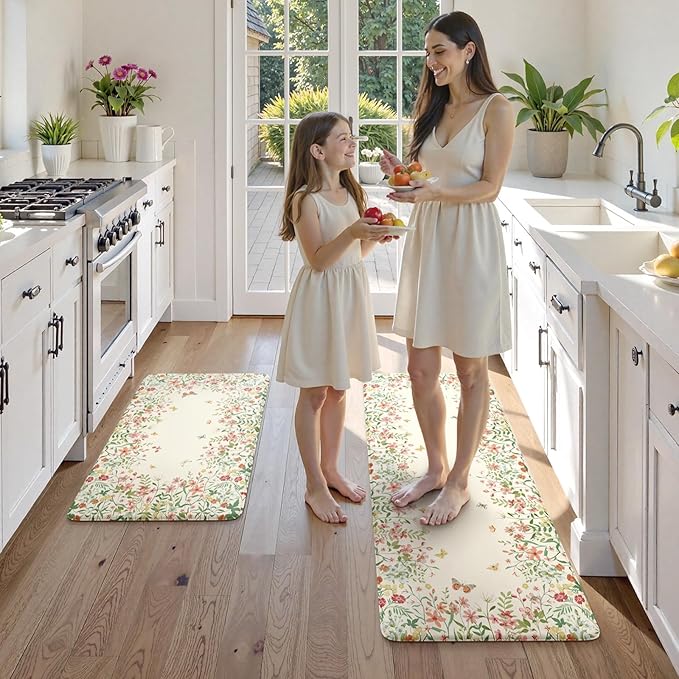 KIMODE Anti Fatigue Kitchen Mats for Floor 2 Piece, Cushioned Floral Kitchen Rugs, Memory Foam Kitchen Floor Mats, Summer Standing Desk Mats for Laundry Office Sink Beige 17"x47"+17"x29"