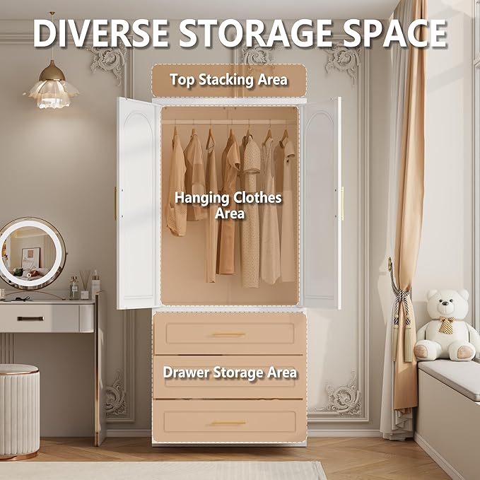 Armoire Wardrobe Closet with Three Drawers, 71" Tall Large Wardrobe Cabinet with Hanging Rod, Clothing Metal Storage Cabinet with Doors and Shelves for Bedroom, White, Assemble Required