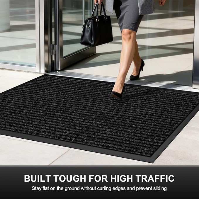 Non-Slip Waterproof Rubber Door Mat, 1'5" x 2'5" Commercial Floor Mat for High Traffic Areas, Easy Clean Low Profile, for Entrance, Indoor/Outdoor, Office, Patio, Garage