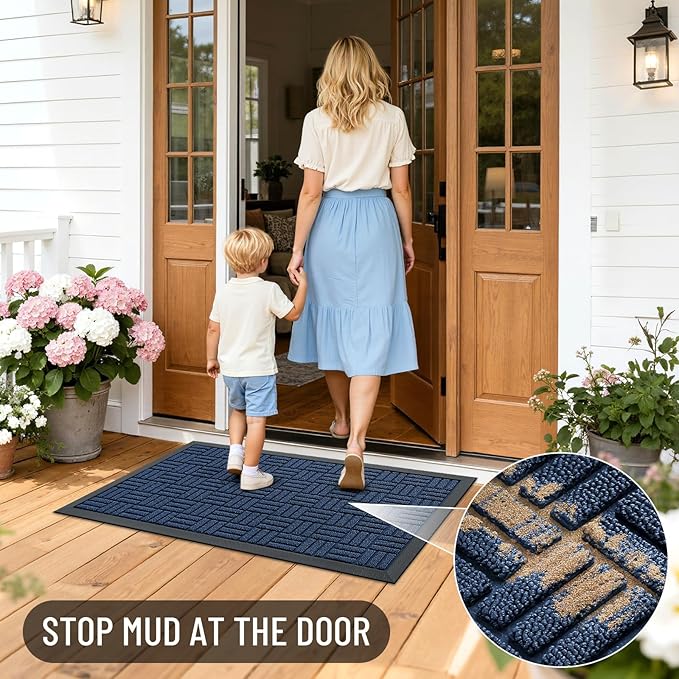 OLANLY Front Door Mat Outside Entrance 47x23, Absorbent, Heavy Duty Sturdy Natural Rubber Doormat Indoor Outdoor, Non-Slip, Stain and Fade Resistant, Low Profile Floor Mat for Entryway, Navy Blue