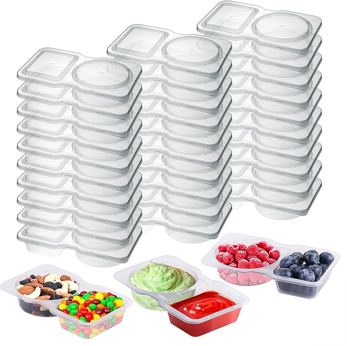 30 PCS Snack Containers with Lids, Portable Divided Snack Containers 2 Compartment Dip Containers Reusable Snack Pack Containers for School Office On-the-Go Travel
