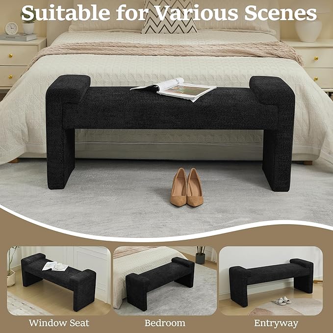 43" End of Bed Bench Upholstered Modern Bedroom Bench for Living Room & Entryway, Easy Assembly, Footrest Ottoman Accent Window Bench with Solid Wood Frame & Curved Arm, Black