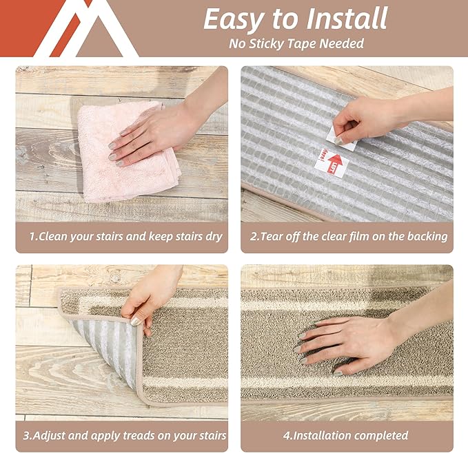 COSY HOMEER Soft Stair Treads Non-Slip Carpet Mat 28inX9in Indoor Stair Runners for Wooden Steps, Stair Rugs for Kids and Dogs, 100% Polyester TPE Backing 7pcs,Beige,Square