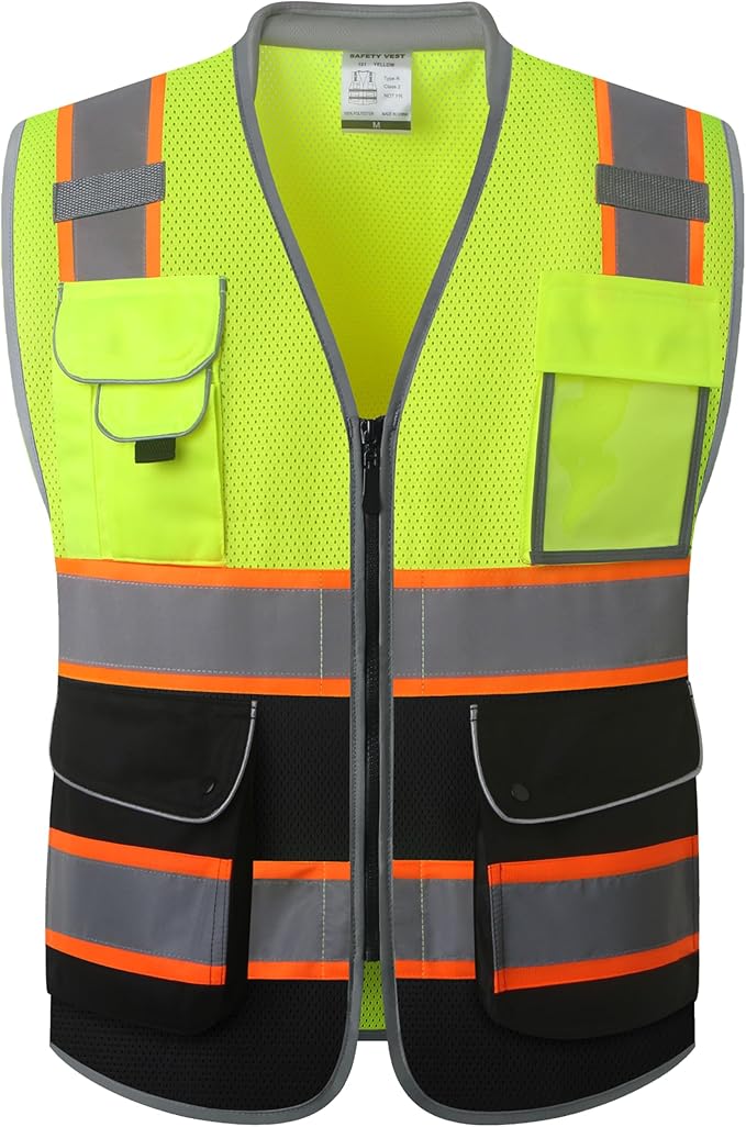 JKSafety 9 Pockets Class 2 Hi-Vis Safety Vest High Visibility Reflecitive Mesh Safety Vests for Men and Women Cushioned Collar Work Utility PPE Work Gear ANSI/ISEA compliant (101-YBlack XL)
