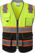 JKSafety 9 Pockets Class 2 Hi-Vis Safety Vest High Visibility Reflecitive Mesh Safety Vests for Men and Women Cushioned Collar Work Utility PPE Work Gear ANSI/ISEA compliant (101-YBlack M)