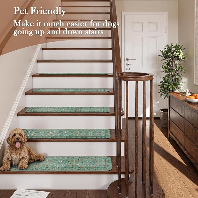 OJIA Floral Stair Treads Non-Slip Stair Runner for Wooden Steps Indoor 15PCS 30"x8" Carpet Stair Treads Stair Mats Staircase Step Treads for Kids, Elders and Dogs, Stair Covers, Green