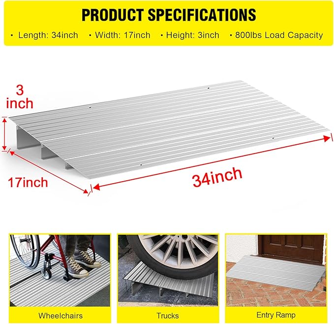 Door Threshold Ramp 3" Rise Door Ramp Aluminum Entry Ramp or Doorways Rated 800 lbs Load Capacity forWheelchair Scooters Power Chairs Walkers