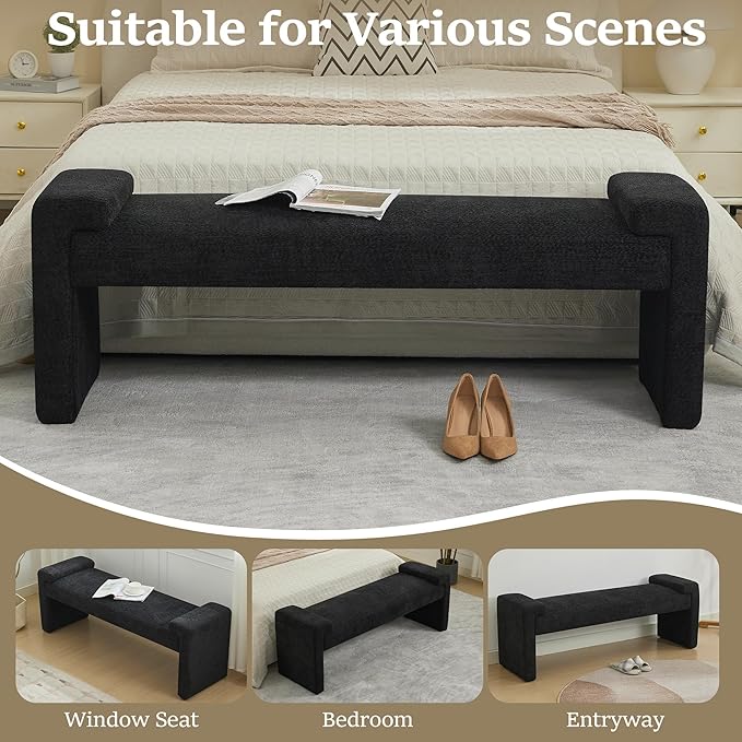 58.7" End of Bed Upholstered Bench Modern Bedroom Bench for Living Room & Entryway, Easy Assembly, Footrest Ottoman Accent Window Bench with Solid Wood Frame & Curved Arm, Black