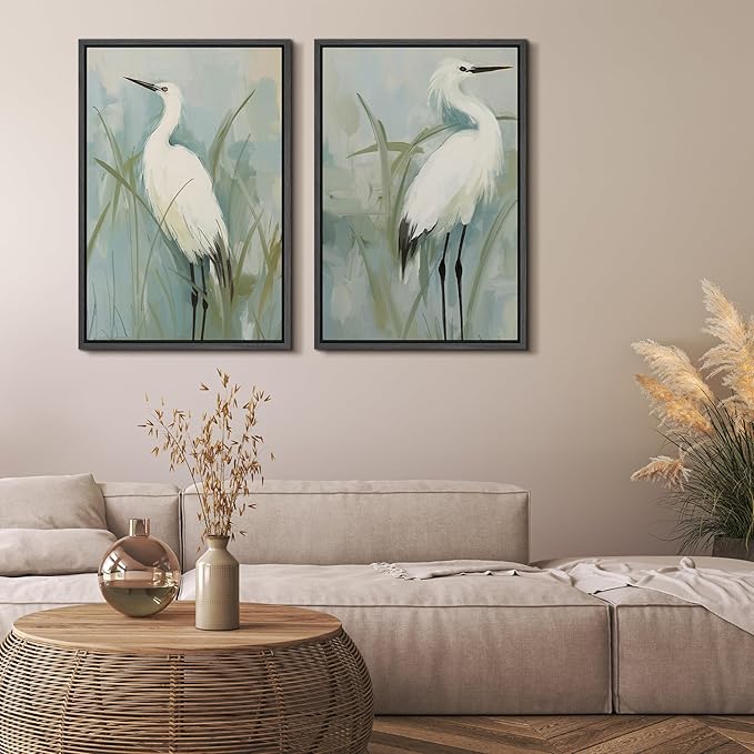 MUDECOR Framed Canvas Print Wall Art White Heron Pair in Marsh Coastal Illustrations Modern Art Decorative Bohemian Colorful for Living Room, Bedroom, Office - 24"x36"x2 Black
