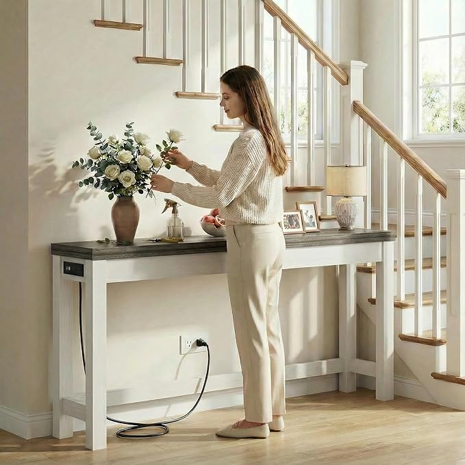Cyclysio 63" Console Tables for Entryway, Long Console Tables for Living Room, Behind Couch Table, Sturdy Wood Support Farmhouse Entryway Table with 3AC+2USB Charging‌ Station, Oak Grey