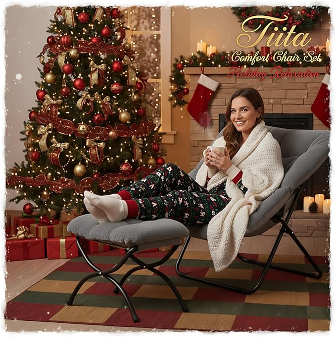 Tiita Folded Chair with Ottoman, Soft Faux Fur Oversized Folding Accent Chair,Lounge Lazy Chair, Metal Frame Moon Chair for Bedroom, Living Room, Dorm Rooms, Garden and Courtyard