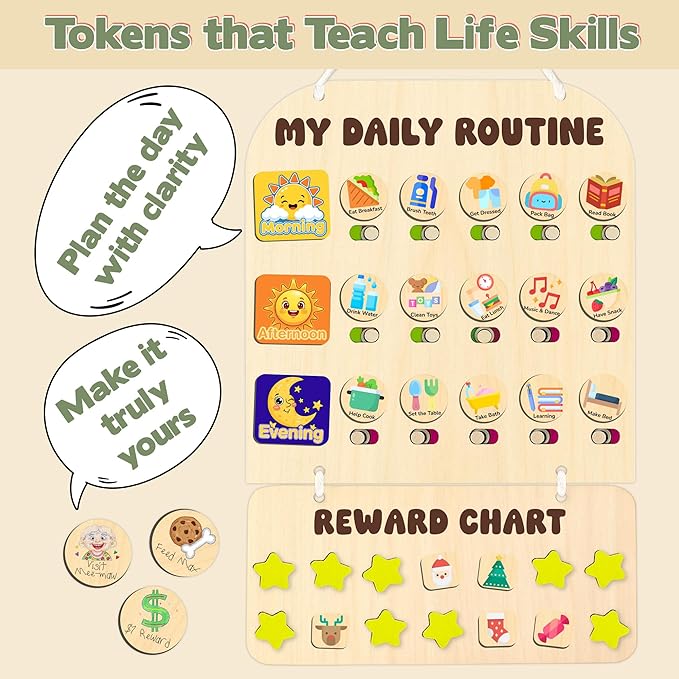 2-in-1 Chore Chart for Kids Toddler & Teens, Montessori Wooden Routine Responsibility Board, Visual Schedule, Reward System for ADHD Autism, Daily Morning & Bedtime Checklist, 11.3''x17.7''