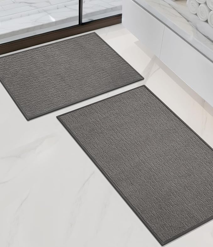 Chakme 2 Piece Bathroom Rug Sets, Ultra Thin Bath Mat Quick Dry, Absorbent, Non Slip, Machine Washable, Dark Grey, 17" x 24"