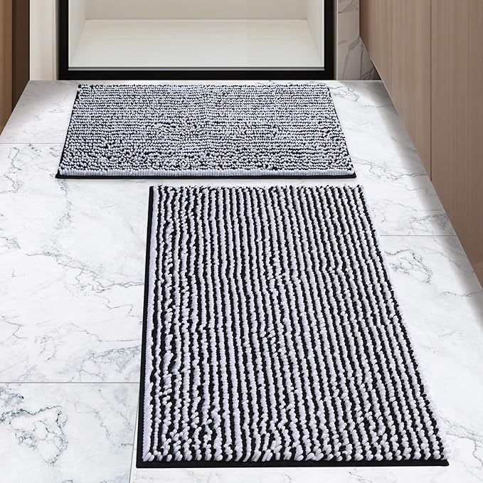 Ultra-Soft Bathroom Rug Set, 2-Piece – Absorbent, Non-Slip, Machine Washable Bath Mats for Bathroom, Shower, Sink, Kitchen （20" x 32" + 17" x 24"） Black White