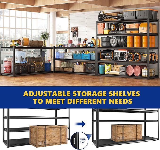 REIBII 48.2" W Garage Shelving, Metal Shelving 3000LBS, Storage Shelves Adjustable Metal Shelf, Industrial 5 Tier Shelves for Basement Pantry Warehouse Supermarket, 72.2" H x 24.2" D x 48.2" W