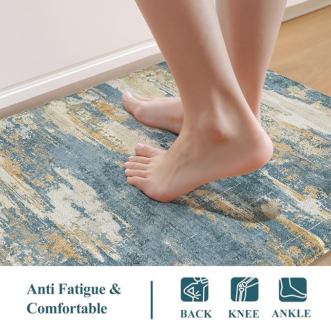 Collive Kitchen Mats for Floor 2 Piece, Abstract Cushioned Anti Fatigue Rugs Non Slip Waterproof Kitchens Sink Mat, Blue Modern Standing Mat for Bar, Office, Desk, Home Decor, 17"x29"+17"x47"