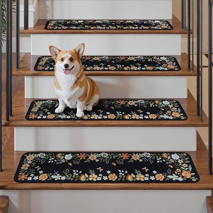 OJIA Floral Stair Treads Non-Slip Carpet Stair Treads for Wooden Steps Indoor 15PCS 30"x8" Stair Runner Stair Mats Staircase Step Treads for Kids, Elders and Dogs, Stair Covers, Black