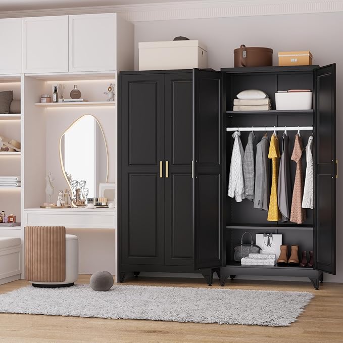 Metal Armoire Wardrobe Closet with Hanging Rod, 71" Tall Wardrobe Cabinet for Clothes, Black Clothing Storage Cabinet with Doors and Shelves, Large Wardrobes for Bedroom, Office, School, Gym