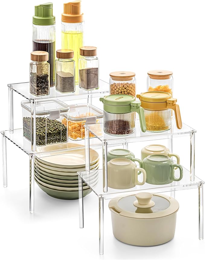 Acrylic Cabinet Organizer, Set of 4 Spice Rack Organizer for Cabinet, Desk Countertop Shelf Organizer, Pantry Kitchen Storage and Organization, Stackable Shelves House Essentials for Gift