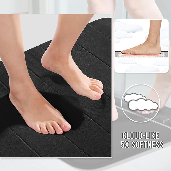 Yimobra U-Shaped Toilet Bath Mat Set 2 Piece - Super Soft Absorbent Quick Dry Memory Foam Bathroom Rugs, Machine Washable Non Slip Floor Carpet for Tub Shower & Single Sink (17x24 & 24x20, Black)