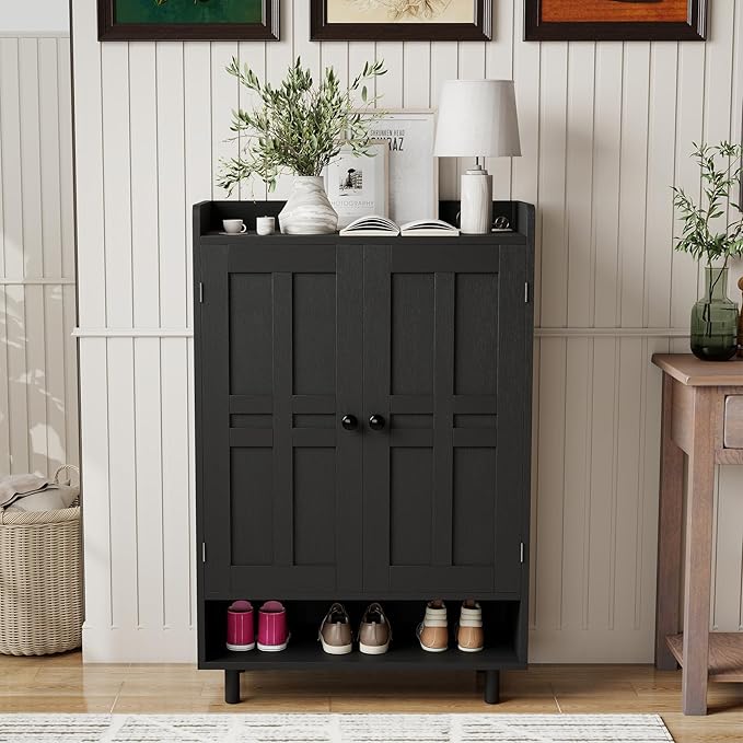Entryway Shoe Cabinet with Doors, 6-Tier Farmhouse Shoes Storage Organizer with Adjustable Shelves Holds 18-25 Pairs and Metal Legs, Entryway Cabinet Organizer, Living Room (Black)