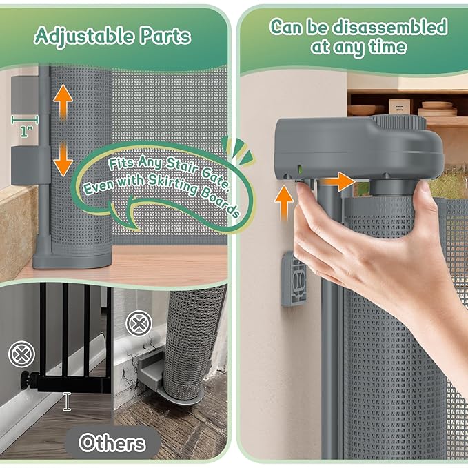 200'' Retractable Baby Gates Extra Wide,34" Tall Retractable Dog Gate for Doorways, Stairs, Hallways, Decks, Garage,16 FT Indoor/Outdoor Grey Retractable Gate with Fiberglass Reinforcement Rods