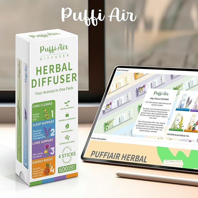 PUFFIAIR Complete Harmony Quad Herbal Diffuser Pen Set | Energy Calm Reset Blends | Green Purple Orange Blue | 4 Count