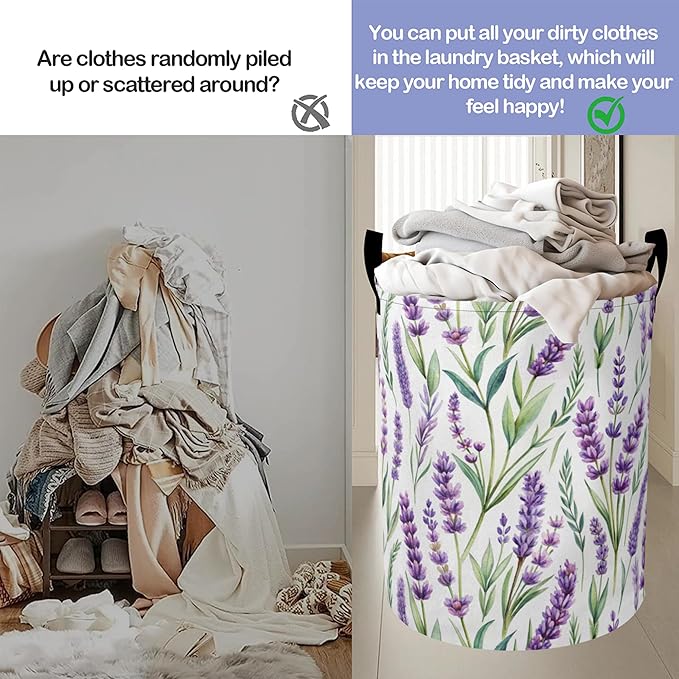 Laundry Basket,Purple Lavender Large Canvas Fabric Lightweight Storage Hamper Organizer Dirty Clothes Collapsible Waterproof for College Dorms,Bathroom