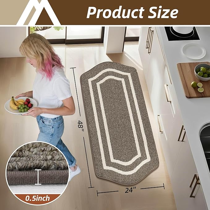 COSY HOMEER Long Kitchen Floor Mats for in Front of Sink Super Absorbent Kitchen Rugs and Mats 24"x48" Non-Skid Kitchen Mat Standing Mat Washable,Polypropylene,Brown,Frame