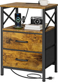 Huuger Night Stand with Charger Station, 2 Drawer Nightstand with Open Shelf, Bed Side Table with USB-C Port, End Table, Compact Size for Small Spaces, X Shaped Side Rail, Brown