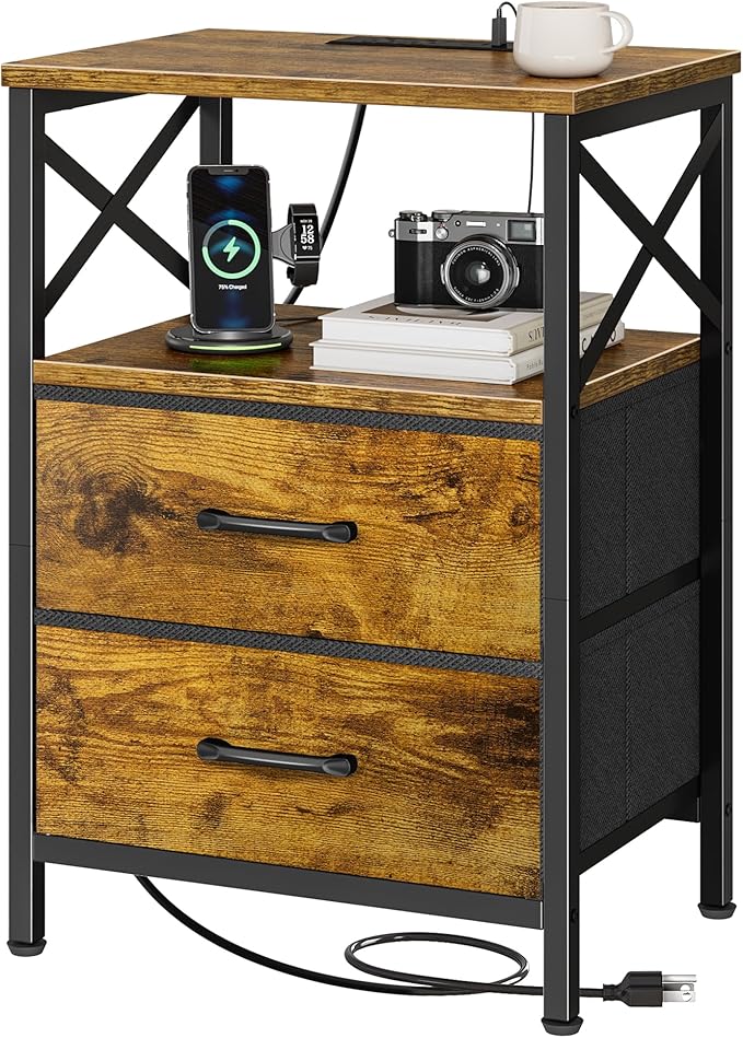Huuger Night Stand with Charger Station, 2 Drawer Nightstand with Open Shelf, Bed Side Table with USB-C Port, End Table, Compact Size for Small Spaces, X Shaped Side Rail, Brown